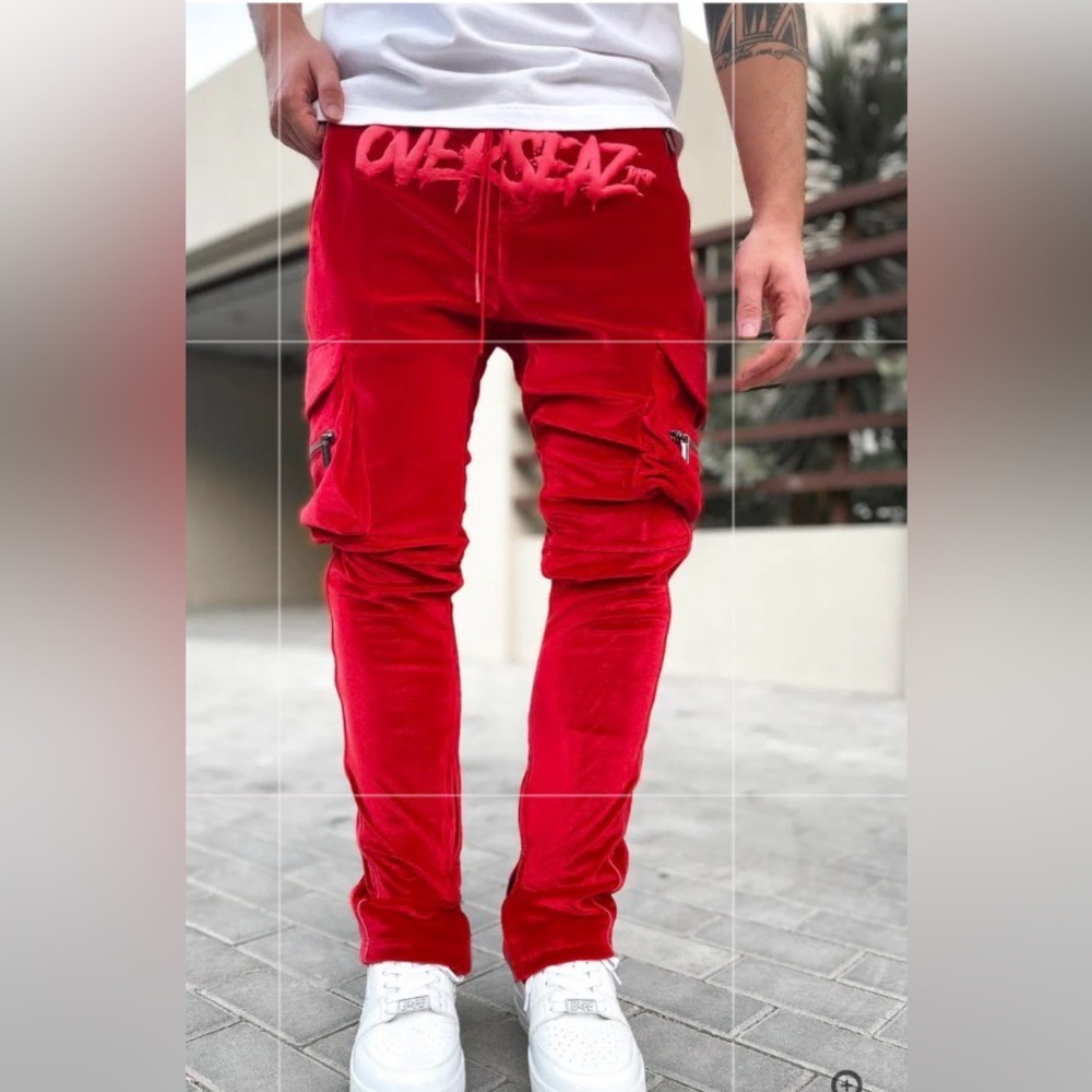 Guapi Pants Mens 30 Red Velour Overseaz‎ Stacked Track Cargo Zippers Streetwear